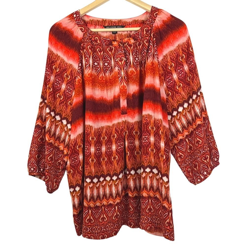 Zac & Rachel Woman Blouse 2X Orange Rust Boho Paisley Peasant 3/4 Sleeve Tunic